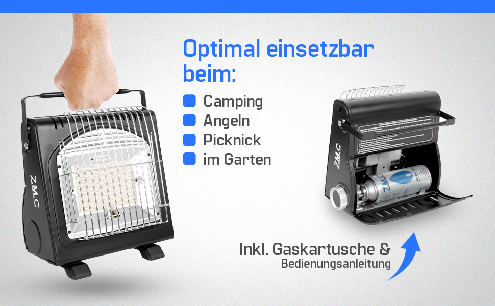 Мобільний газовий нагрівач та плита 2-в-1 Z.M.C. для кемпінгу, тераси, саду та балкону. Керамічний нагрівник 1,7 кВт з Piezo-запалюванням