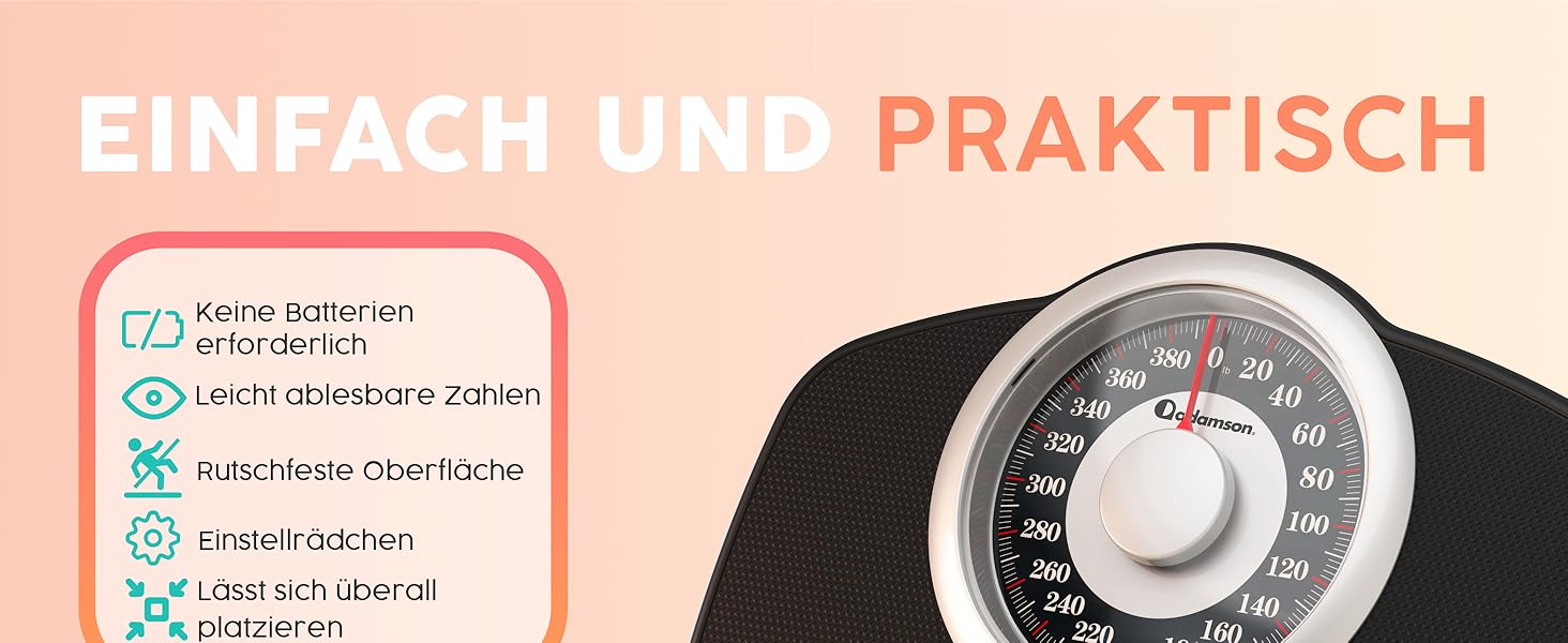 Аналогові ваги Adamson A25 - НОВА версія - до 180 кг, нековзна гумова поверхня, дуже великі цифри, високоточні аналогові ваги для ванної кімнати, довговічні, 20-річна підтримка для дому, спальні, ванної кімнати Schwarz KG