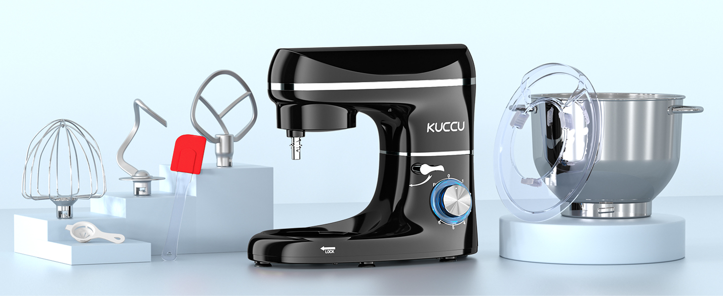 Кухонний комбайн-міксер KUCCU 1500W з чашею з нержавіючої сталі 7л, планетарний міксер для тіста з 6 швидкостями та набором насадок (гак, вінчик, міксер), чорний