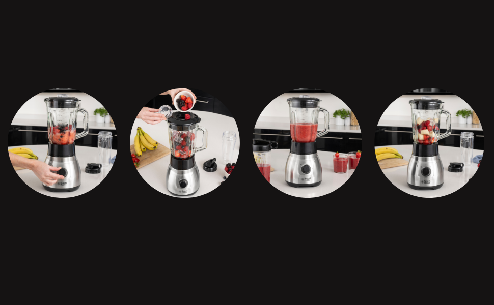 Блендер стаціонарний Russell Hobbs 2-в-1 зі скляною чашею 1.5л та міні-блендером для смузі 0.6л - подрібнювач льоду, BPA-free, нержавіюча сталь 23821-56