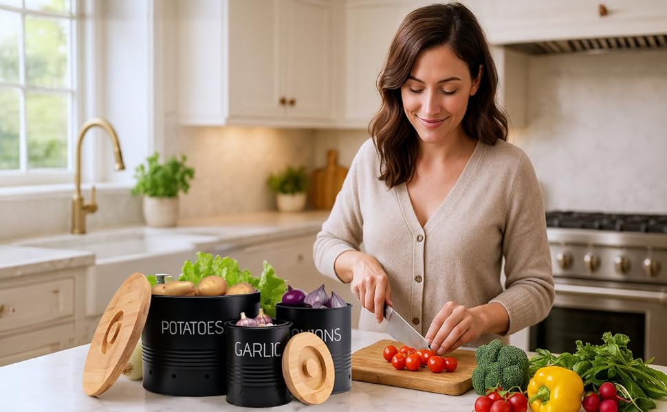 Набір контейнерів для зберігання картоплі, цибулі та часнику (3 шт.) з бамбуковими кришками