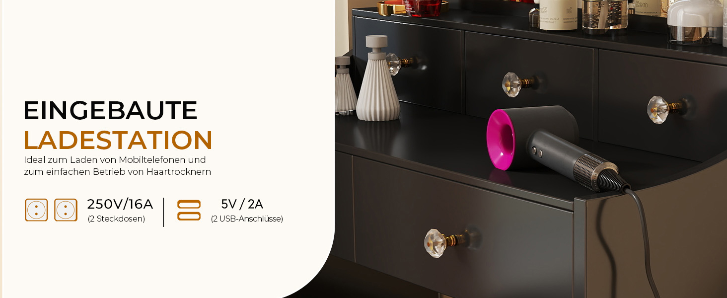 Трюмо COMHOMA з підсвічуванням, дзеркалом та прихованою LED-смугою, зі стільцем та 5 висувними ящиками, з розеткою, 3 колірні температури та регульована яскравість, білий (чорний)