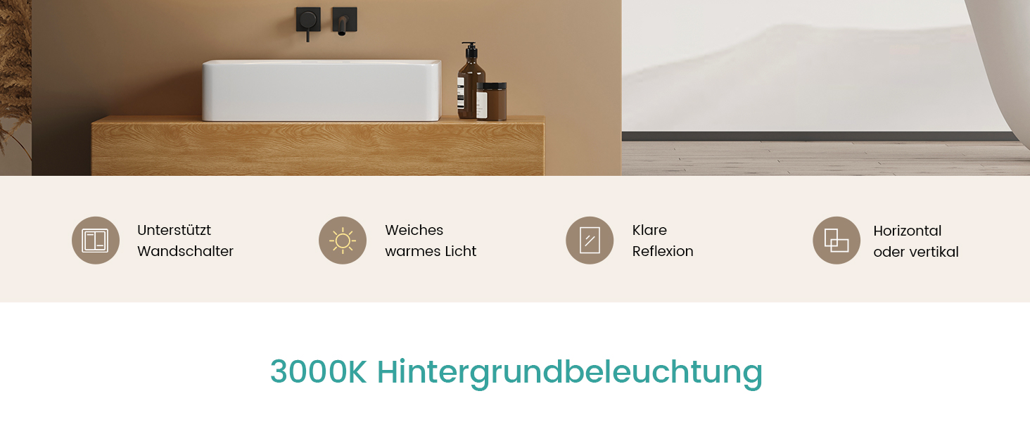 Дзеркало для ванної кімнати EMKE з підсвічуванням 120x60 см, тепле біле світло 3000K, вимикач, матовий бортик 2.70 x 50 см