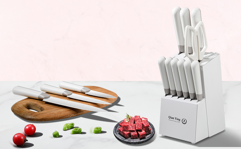 Набір кухонних ножів 14 предметів з бруском: кухонний набір, ніж для приготування їжі, подарунок для мами, білий