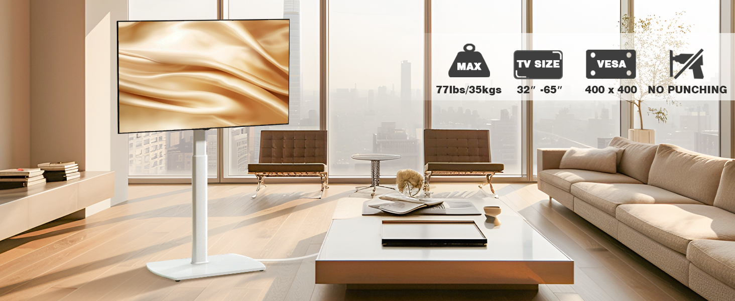 Підставка для телевізора біла, на підлогу, для 32-65 дюймів, до 35 кг, регульована висота, поворотна, VESA 400x400 мм