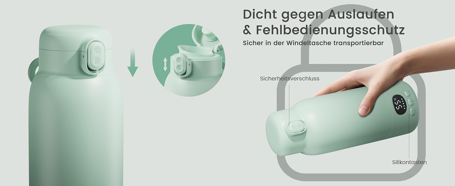 Портативний підігрівач для дитячих пляшечок 100W, бездротовий USB-C, сталь 316L, 500 мл, BPA-free, світло-зелений