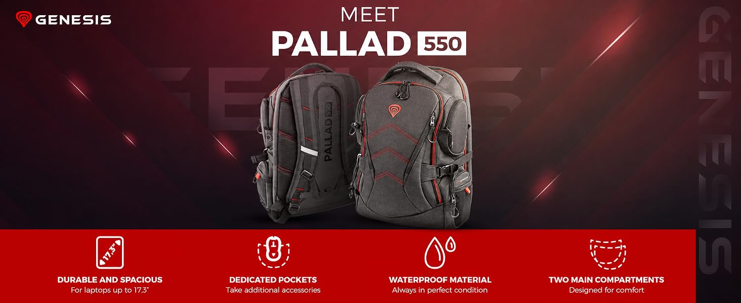 Рюкзак для ноутбука Genesis Pallad 550, 17.3 дюйма, 24 л, 19 кишень, чорний