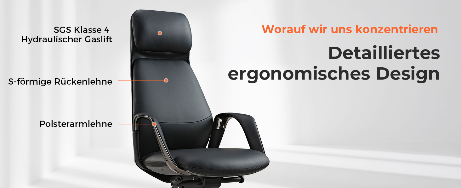 Крісло офісне EUREKA ERGONOMIC з шкіри, чорне: регульоване, ергономічне, для офісу та дому