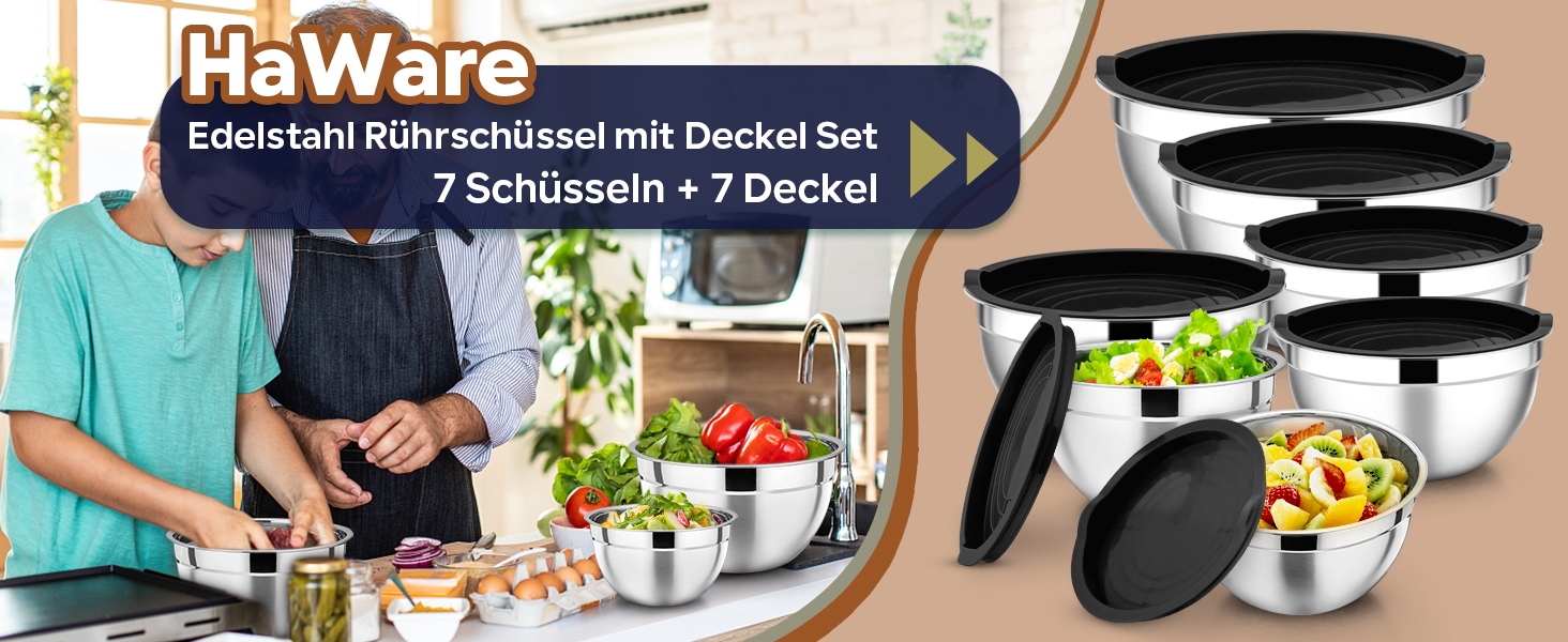 Набір місок HaWare 7 шт. з нержавіючої сталі з кришкою, 6.5-0.7L, чорний, для приготування їжі, миття в посудомийній машині