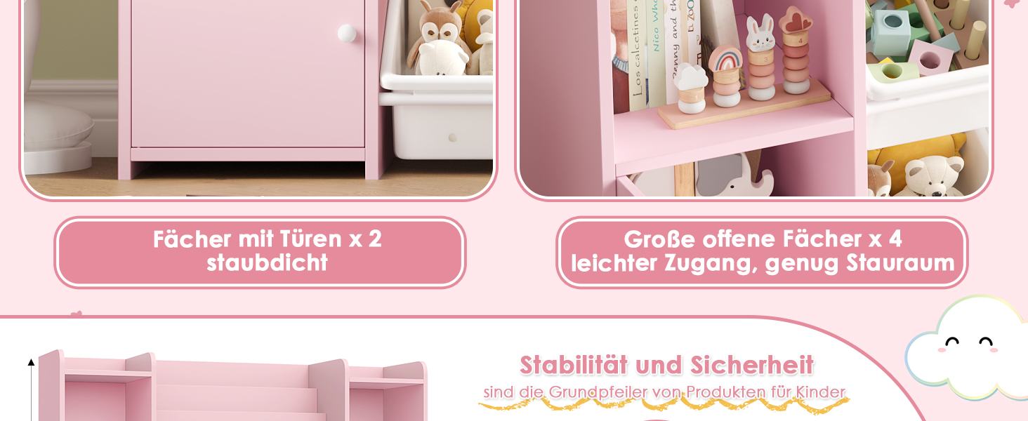 FOREHILL Дитяча полиця-стеллаж для іграшок та книг з 6 ящиками, 119 x 29,5 x 94 см, білий (рожевий)