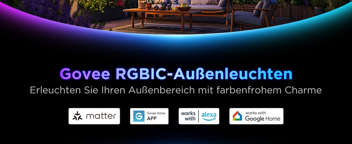 Гірлянда світлодіодна вулична Govee RGBICW 15м, IP66, з керуванням через додаток, 111 режимів, сумісна з Alexa та Google Assistant
