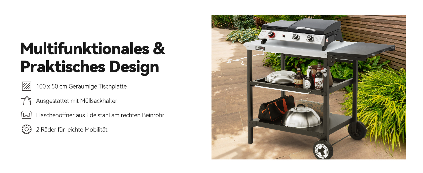 Набір для гриля Royal Gourmet: стіл-візок з 3 ярусами, стільниця з нержавіючої сталі 70x50 см та бічна полиця 30x50 см, для дачі та саду