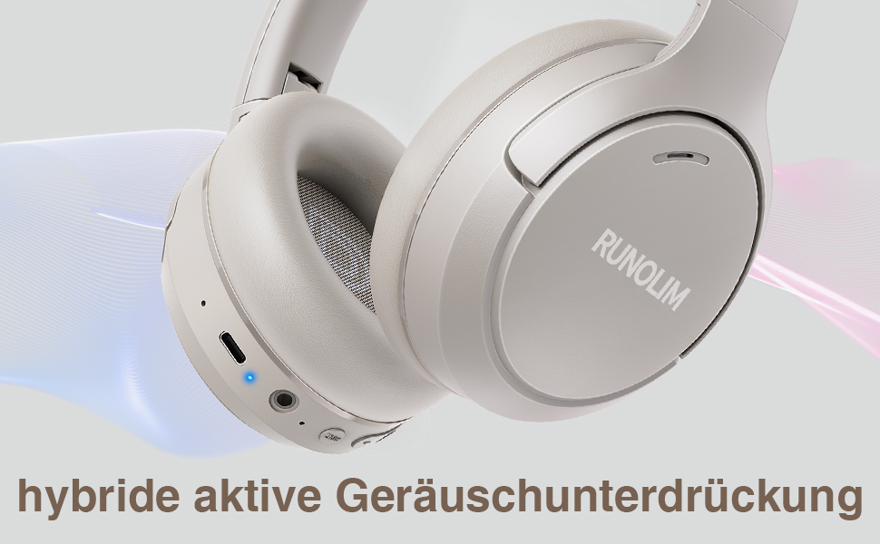 Накладні навушники RUNOLIM Bluetooth, ANC, бездротові, 65 год, висока роздільна здатність, глибокі баси, прозорість (срібло)