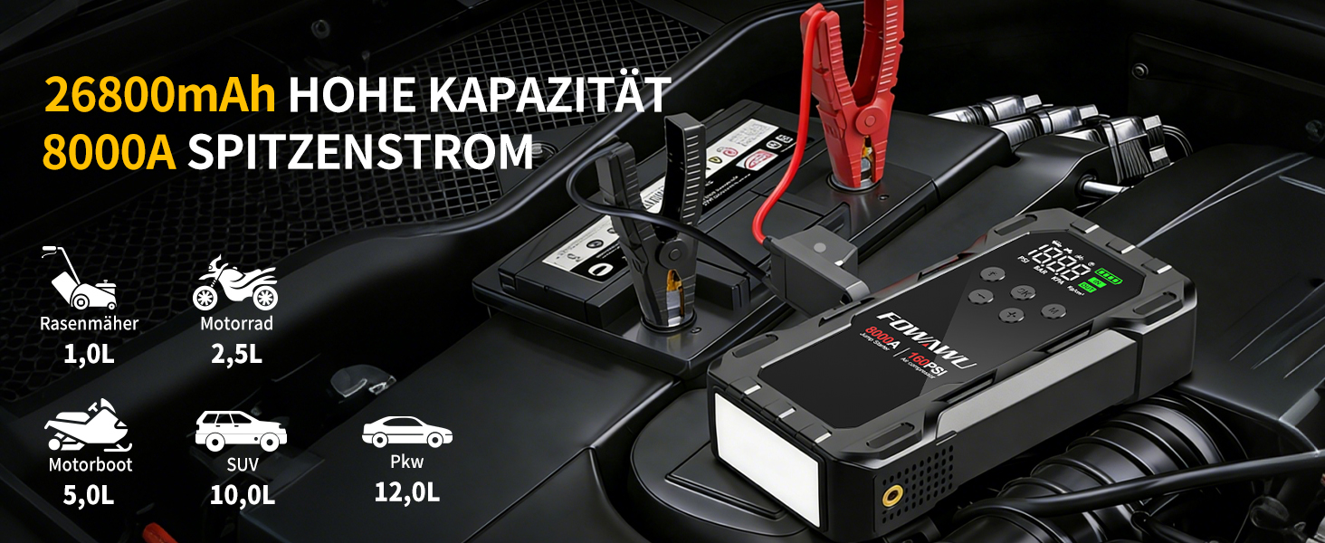 Пусковий пристрій (бустер) FOWAWU 8000A 26800mAh для автомобіля з компресором для шин та Powerbank