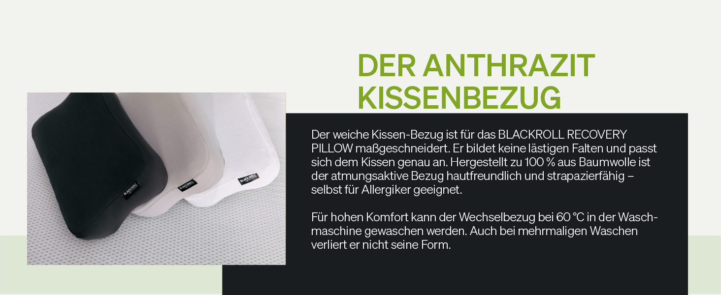 BLACKROLL® Recovery Pillow Set Jersey Anthrazit: ергономічна подушка для шиї та голови з Memory Foam, комплект з додатковим чохлом. Виготовлено в Німеччині. Подушка та чохол антрацитового кольору.