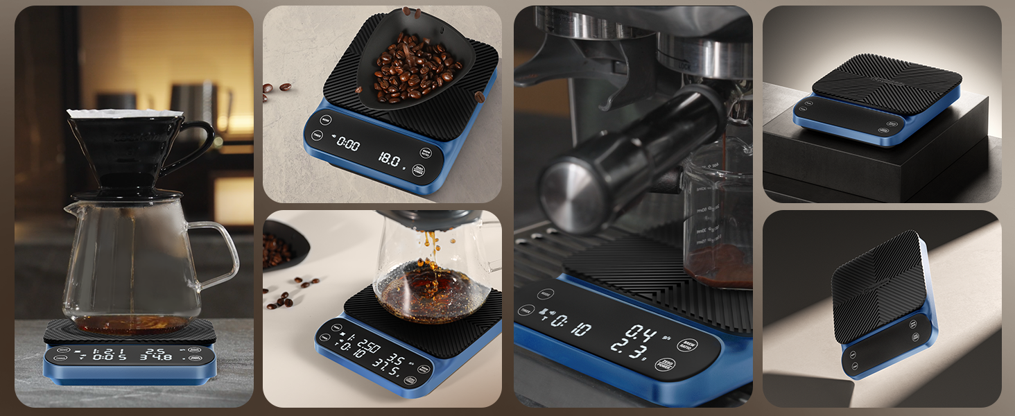 Ваги для кави Maestri House S3 з таймером, 3 кг/0,1 г, перезаряджувані, цифрові, для еспресо, з 3 режимами заварювання, регульованими пропорціями та індикатором потоку, для Pour Over, French Press (блакитні)