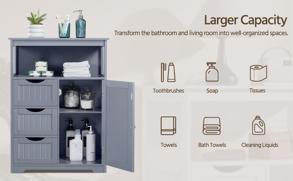 Шафа для ванної кімнати Yaheetech з 3 висувними ящиками та 1 дверцятами, регульовані полиці, 66x35x90 см (Сірий)