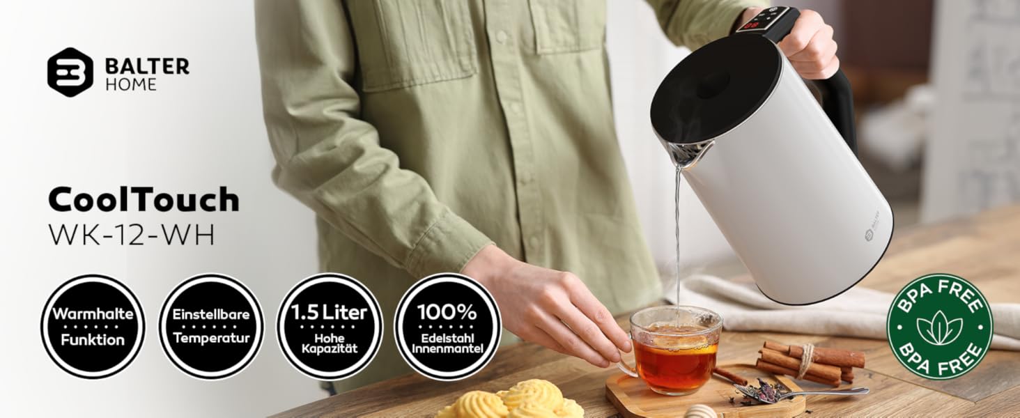 Електричний чайник BALTER з регулюванням температури, 40°C-100°C, подвійні стінки, без BPA, тихий та бездротовий, 1.5L, 2200W, білий