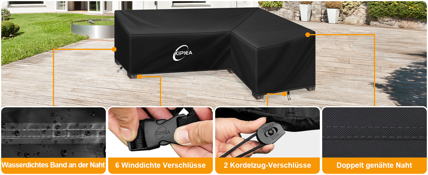 Водонепроникний чохол для сауви L-подібної форми Kipiea, 420D, для саду, захист від вітру, 250x250x85x78 см / 250x200x85x78 см