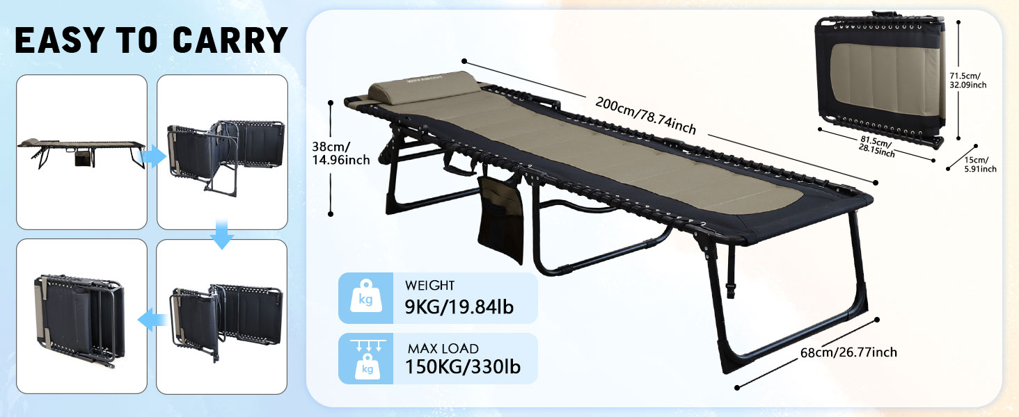 Велике розкладне шезлонге для саду: Outdoor, XXL, 5 положень спинки, до 150 кг, з подушкою та кишенею, 200x68 см, сірий