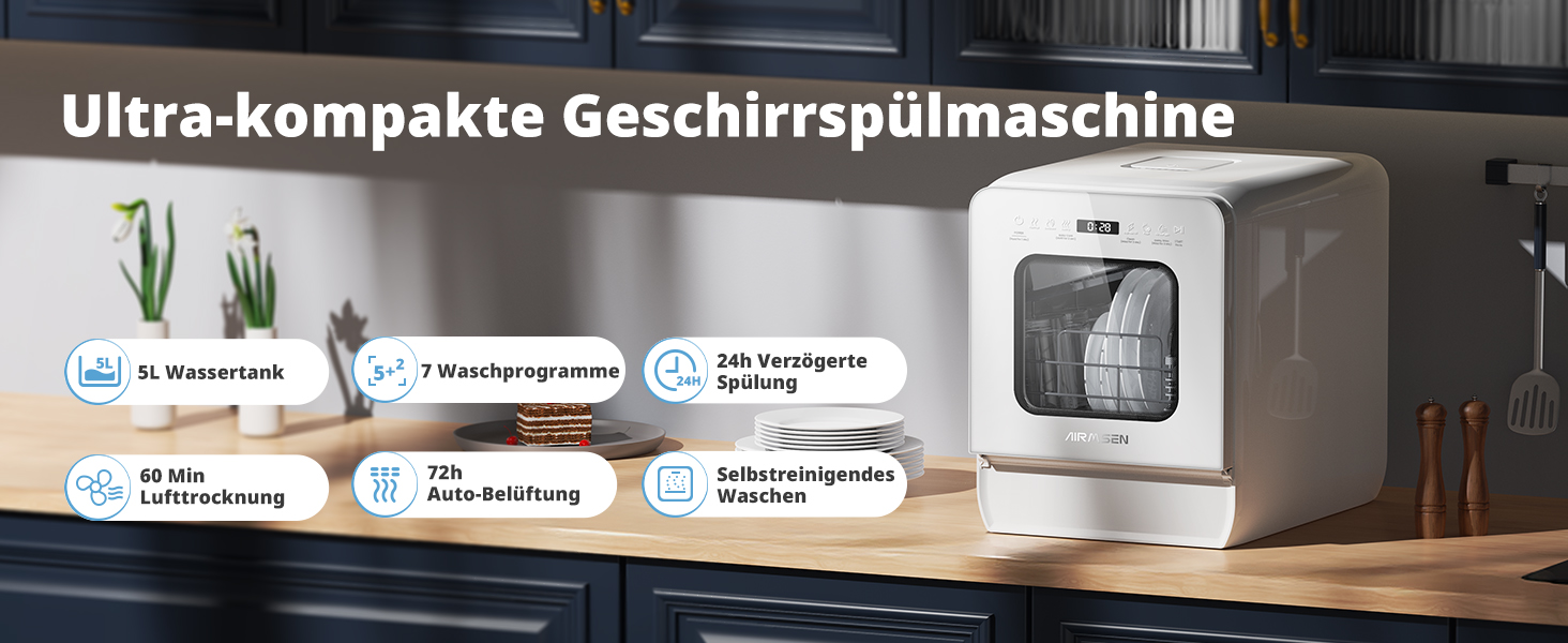 Мийка посуду AIRMSEN Mini для столу з резервуаром для води, ополіскувачем, 9 програм, 37*50 см, ультра-вузька, таймер 1-24 год, 360° подвійний розпилювач, шланг/без шланга, білий