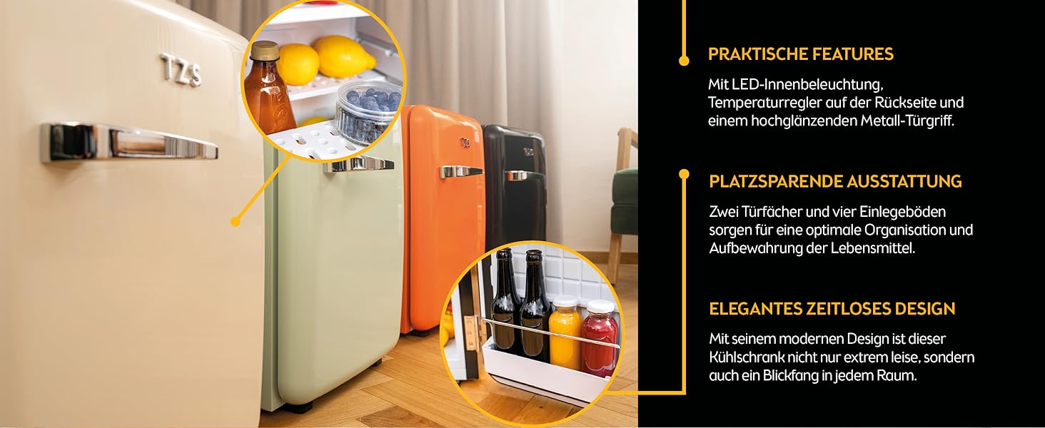 Ретро міні-холодильник TZS First Austria 40л, безшумний мінібар у вінтажному дизайні з підсвіткою, чорний