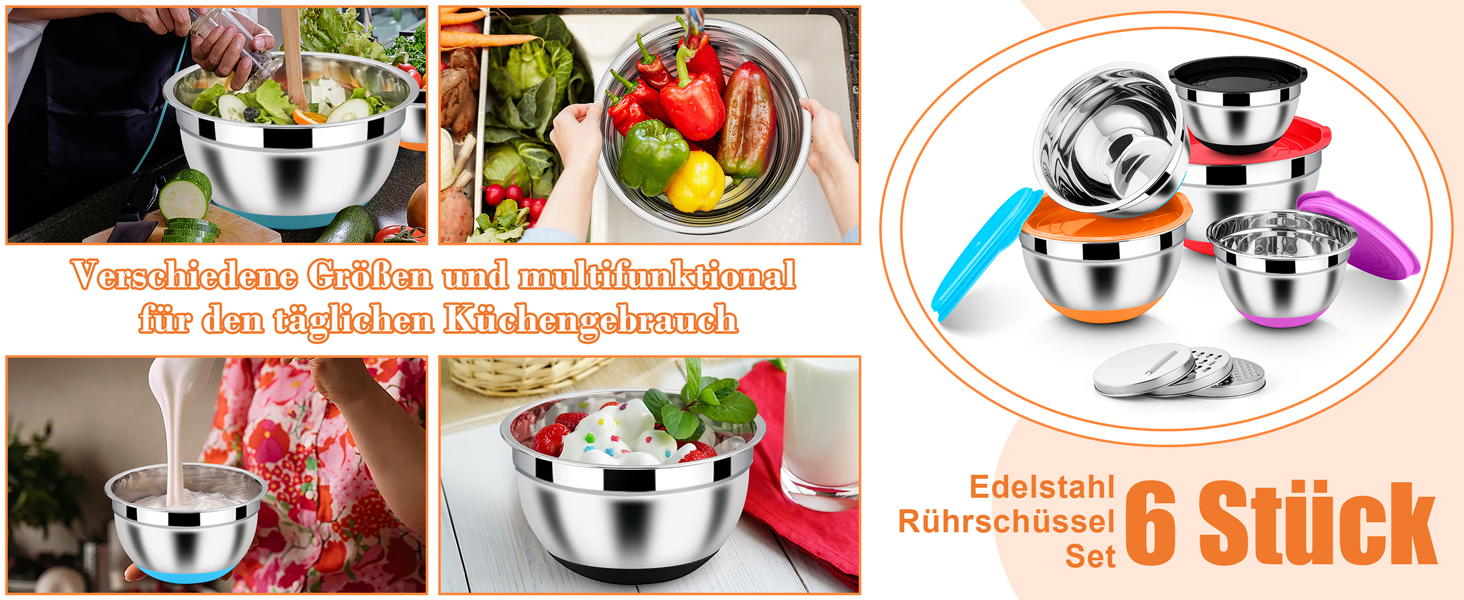 Набір місок Homikit з нержавіючої сталі, 6 шт. з тертками, кришками та силіконовим дном, 4.6/2.8/2.5/1.6/1.2/0.7 л, багатобарвний