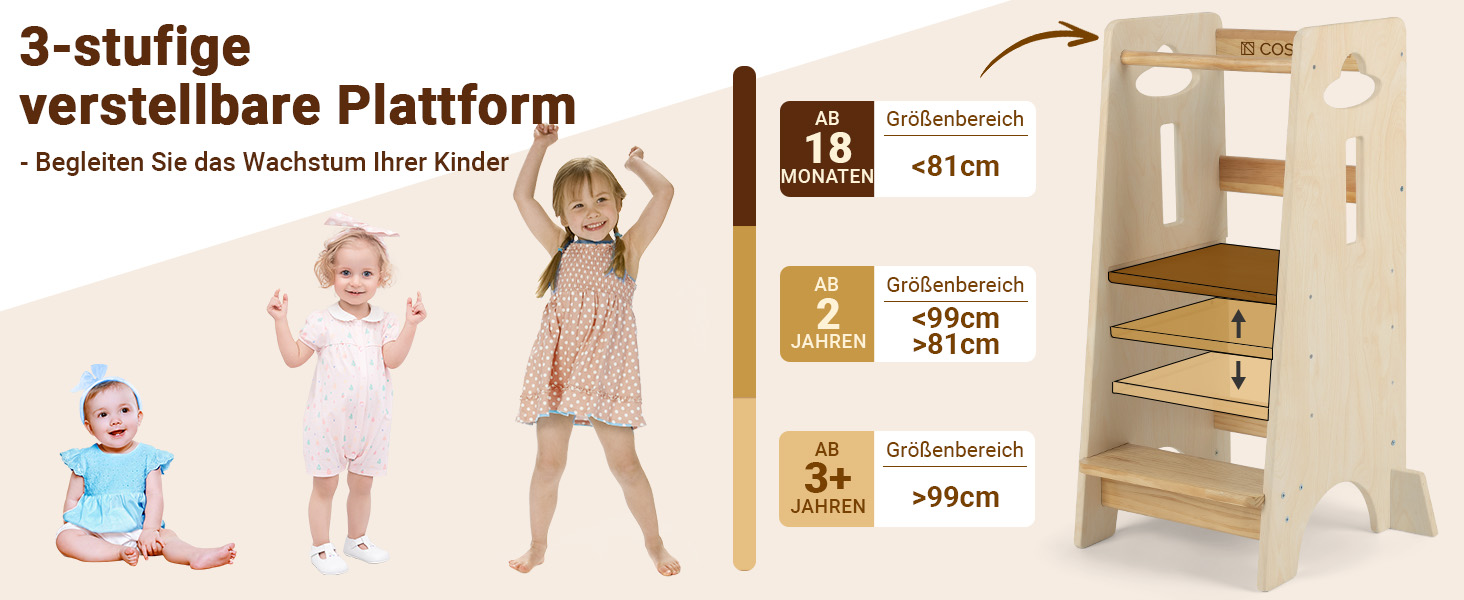 Дитяча допоміжна стільниця-підставка COSYLAND Montessori (Lernturm) з регулюванням висоти, масив дерева, натуральний колір, 80x45x40 см