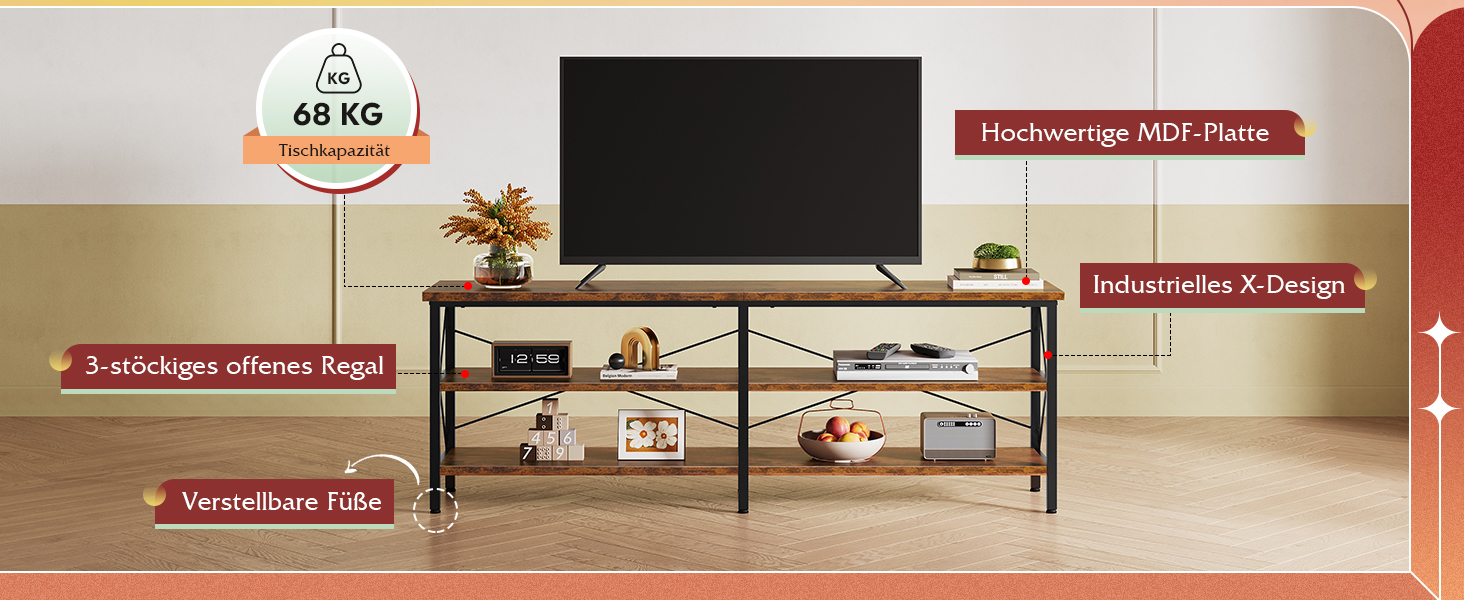 Тумба під телевізор WLIVE TV Schrank - 160 x 36 x 61 см, для телевізорів до 70 дюймів, з відкритими полицями, для вітальні та спальні, в стилі Vintage Braun