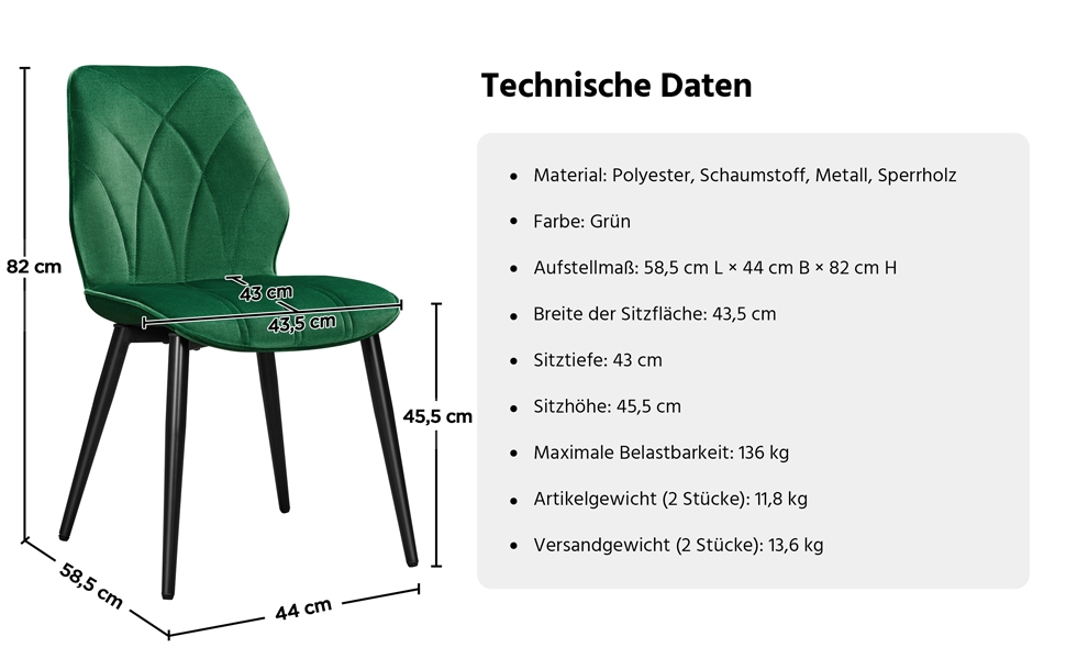 Набір Yaheetech з 2 обідніх стільців, м'які, металеві ніжки, до 136 кг, зелений, поліестер