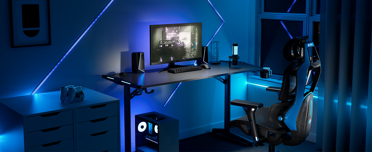 Ігровий стіл EUREKA ERGONOMIC з LED, 140x60 см. Стіл для геймерів з підсвіткою, органайзером для кабелів, тримачем для напоїв та навушників, чорний, X-Large
