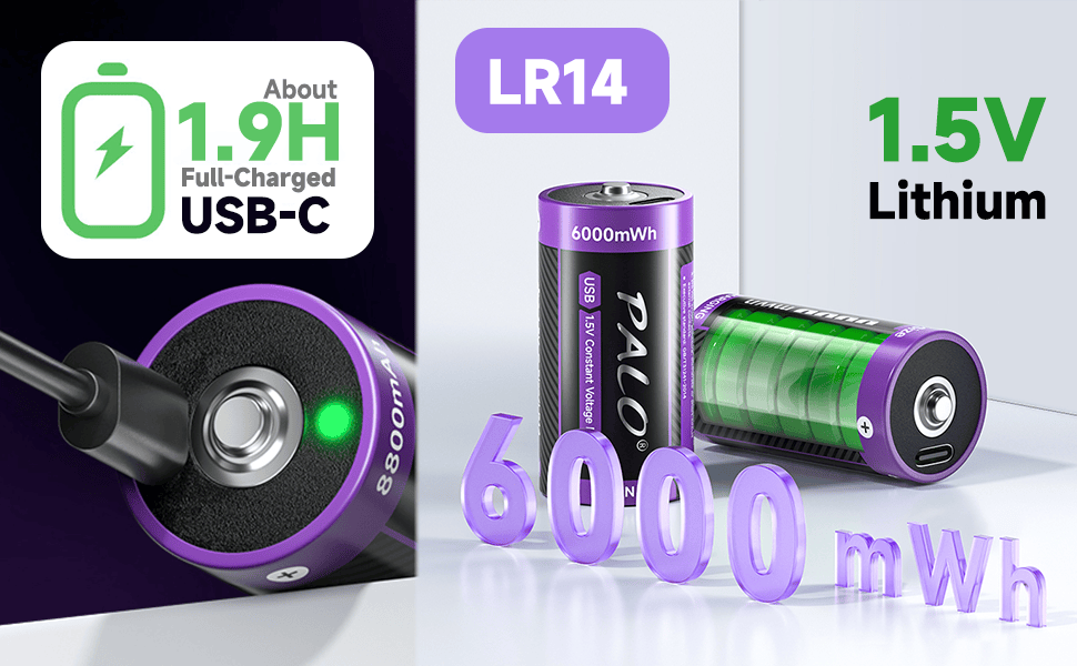 Акумулятори LR14 (Baby C) 1.5V 6000mWh Li-ion з USB-C портом для швидкої зарядки, 4 шт. — Перезарядні літієві батареї з кабелем