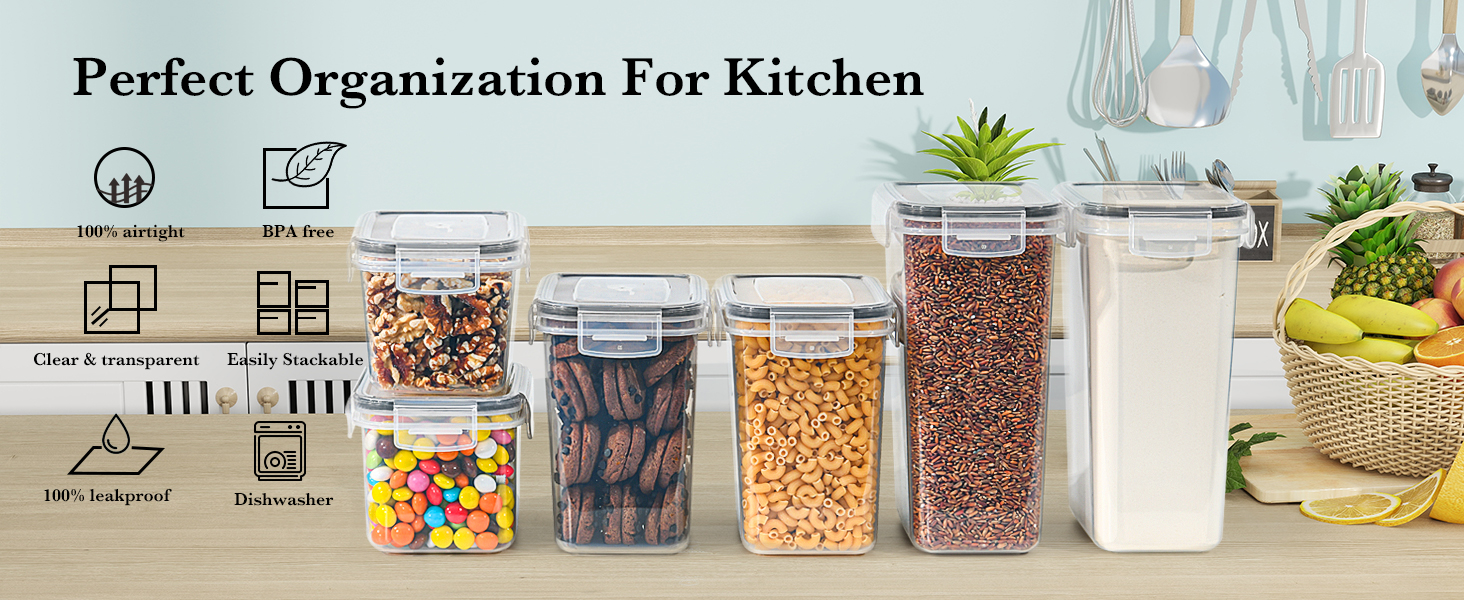 Набір контейнерів для зберігання GoMaihe (24 шт) з герметичними кришками: контейнери для продуктів з етикетками та маркером | Коробки для зберігання на кухню для мюслі, борошна, кукурудзяних пластівців та цукру | Без BPA | Можна мити в посудомийній машині, чорний - 24 шт.