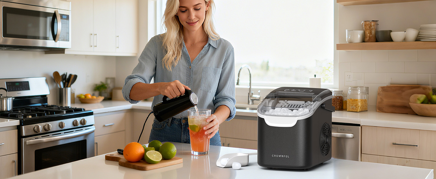 Crownful Машина для льоду портативна (Чорна) - Швидке виробництво льоду для дому та офісу