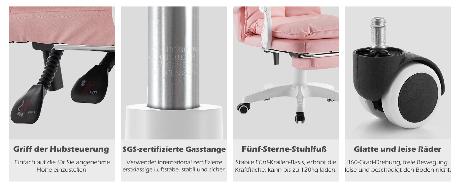 Офісне крісло TUKAILAI: ергономічне, з регулюванням висоти, підлокітники, підставка для ніг, рожеве