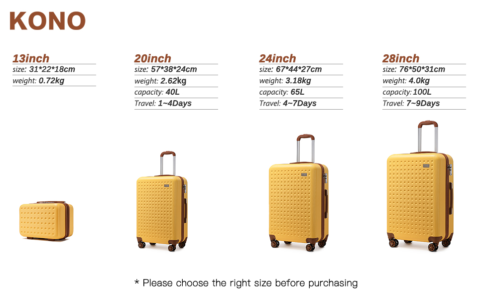 Валіза-тележка KONO з жорсткою оболонкою, 76x50x31 см, білий колір (з жовтим та косметичним набором)