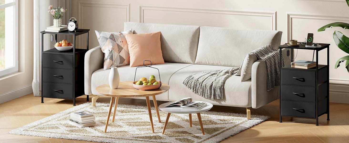 Нічний столик Somdot з підзарядкою, LED, розеткою (USB, Type-C) для спальні, вітальні, дитячої кімнати, чорний, 30x40x60/72 см (2/3 ящики)