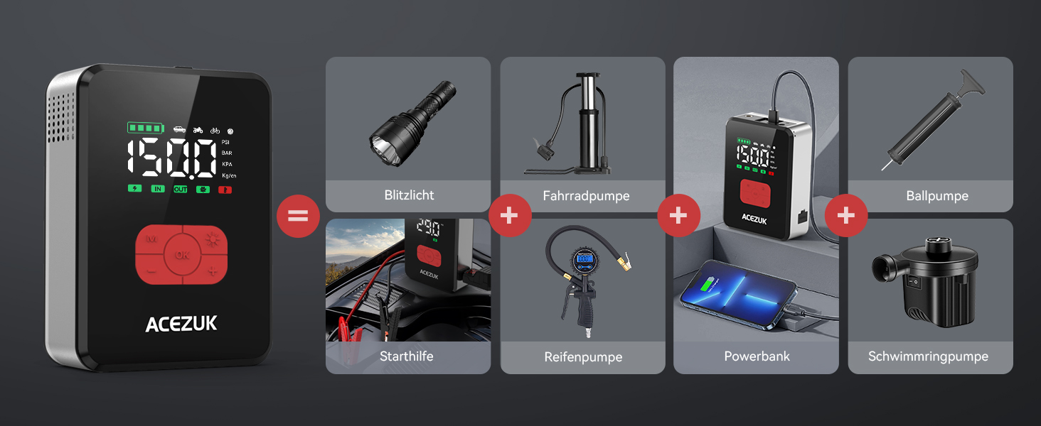 Портативний пусковий пристрій 7000A з компресором 150PSI для автомобілів, 12V, LED-ліхтарик