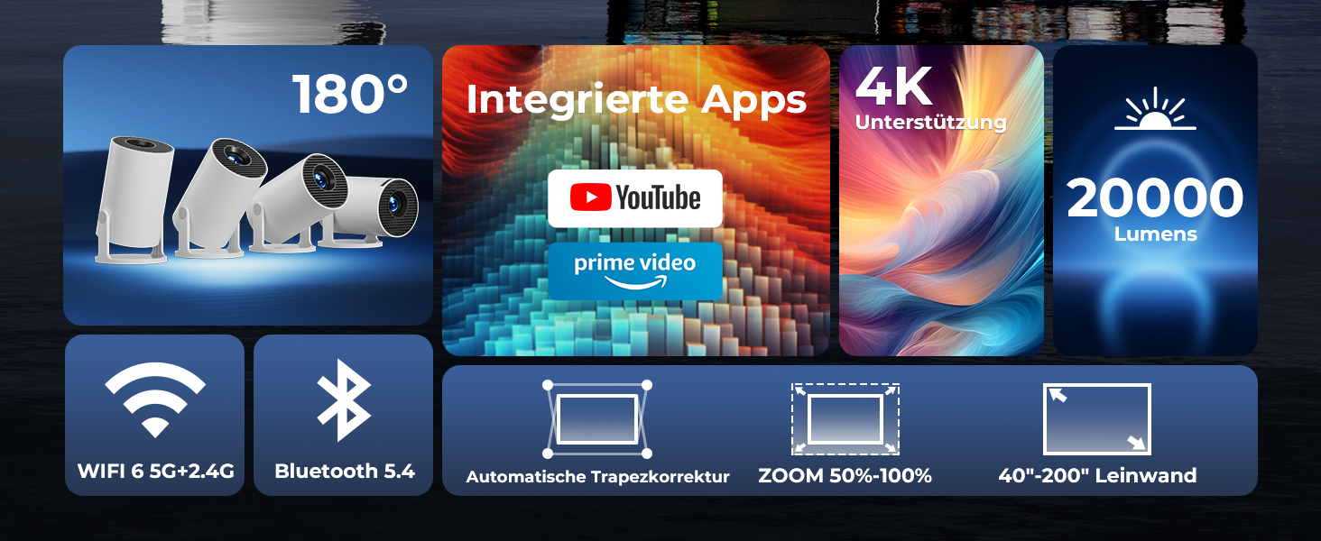 Mini проектор 4K Beamer з Android 14, WiFi 6 та Bluetooth 5.4 – 20000 Люмен, Автокорекція трапеції, Портативний кінотеатр для дому (білий, 15x11x18 см)