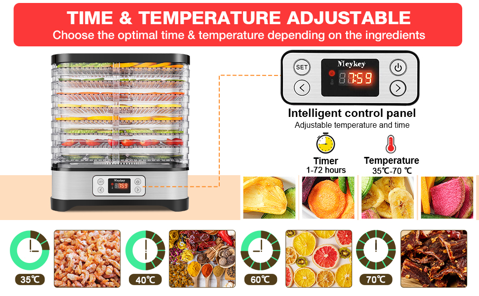 Дегідратор-дегідратор з контролем температури, 8 рівнів знімного дегідратора, контроль температури 35-70C для м'яса, фруктів, овочів і горіхів, 400 Вт, кнопка, без бісфенолу А (400 Вт/РК-дисплей, срібло)