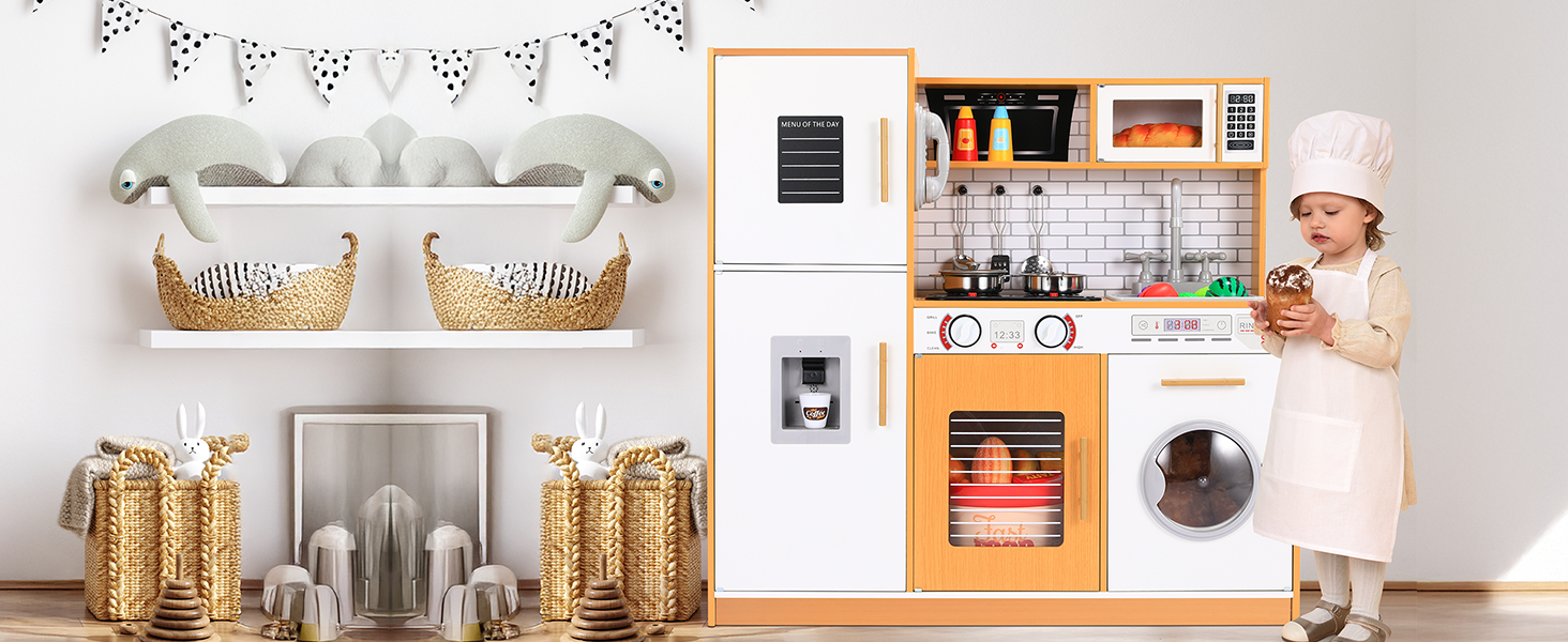 Дерев'яна дитяча кухня MAMIZO з підсвіткою та звуком, 82x80x25 см. Комплект аксесуарів, іграшка для дітей від 3 років, білий колір (біле дерево)