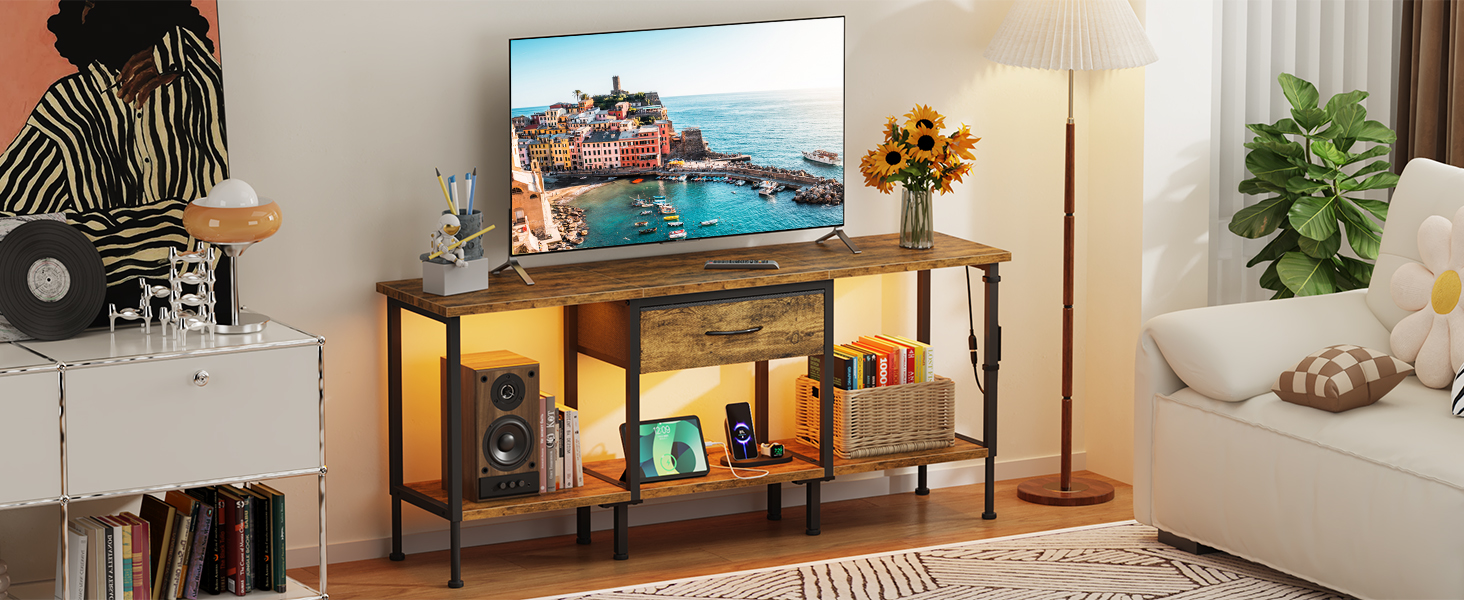 Тумба під TV з LED-підсвіткою, USB-роз'ємами та розеткою, 140 см, вінтажний колір, для телевізорів до 55 дюймів
