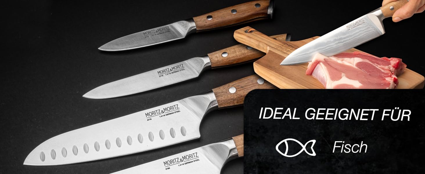 Ніж кухарський Moritz & Moritz Damastmesser 20 см - професійний ніж з дамаської сталі 67 шарів - кухонний ніж з ергономічною ручкою з акації