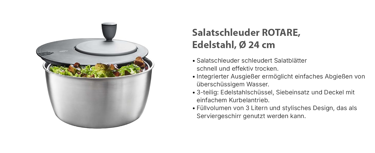 Салатниця GEFU з відром для відстоювання, 3л, чорно-сіра | Пластикова миска з вбудованим ситом та механічним приводом