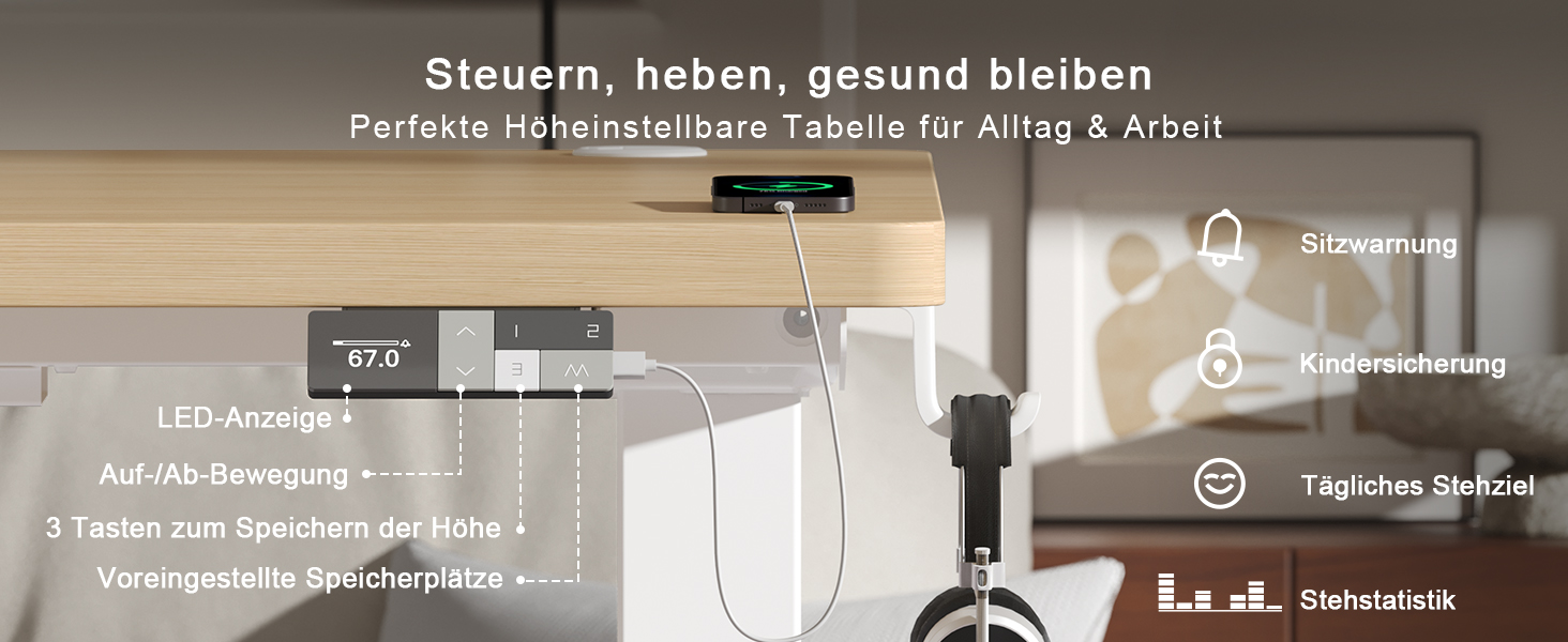 Електричний підйомний стіл Devoko 180x80 см, ергономічний комп'ютерний стіл для роботи сидя-стоячи з подвійним мотором, пам'яттю та USB-C (Дуб/Білий)