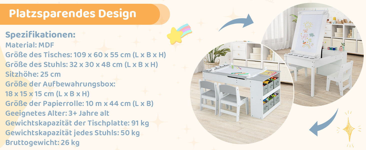 Дитячий стіл COSTWAY 3 в 1 з 2 стільцями, активний стіл-мольберт з підйомною стільницею, набір кольорів, 6 тканинних контейнерів та рулон паперу, сірий, 109x60x55 см