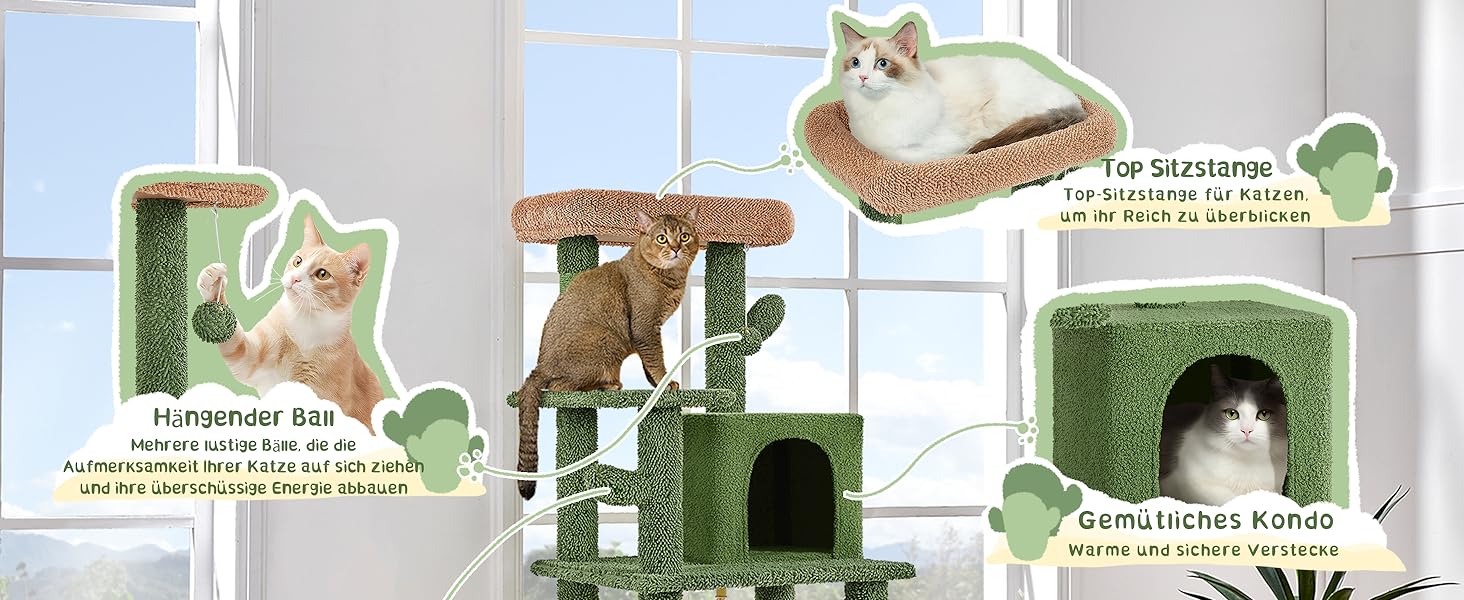 Висотою 160 см, стійка кігтеточка для котів Cat Tree з 4 стовбурами сизалю Оглядовий майданчик Cat Cave Кігтеточка Гамак, зелений/коричневий