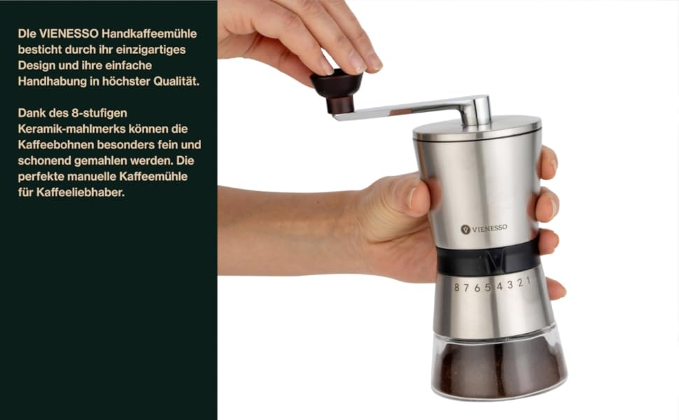 Ручна кавомолка з 8 ступенів помелу – кавомолка з нержавіючої сталі з керамічним жорном для еспресо, фільтра та френч-прес – велика ручна кавомолка для дому та офісу, срібна, кераміка