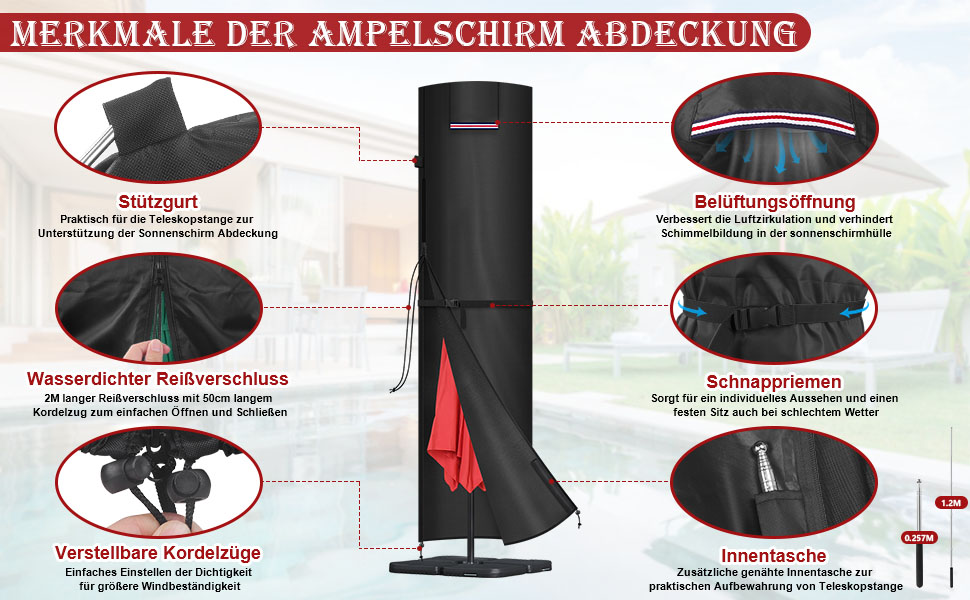 Захисний чохол для парасольки/перголи LAMUNI, 240x58/58 см, водонепроникний, для парасольки 3-5 м, зимовий захист