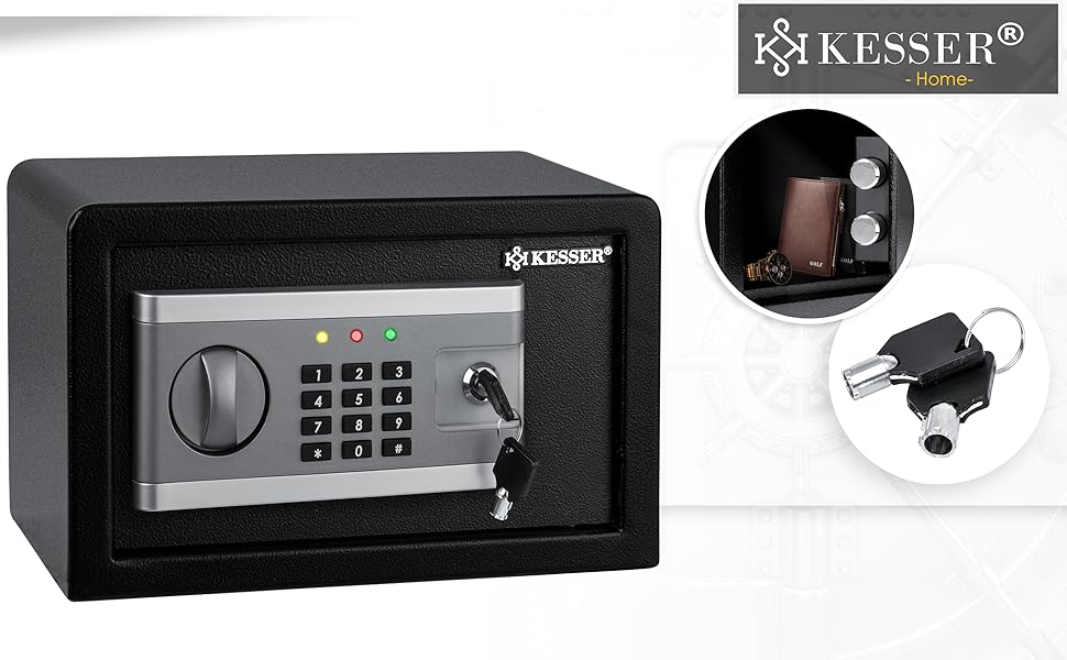 KESSER® Електронний сейф | 38x30x30 см | з батарейним відсіком | Вбудоване освітлення | Настінний/підлоговий сейф | Чорний